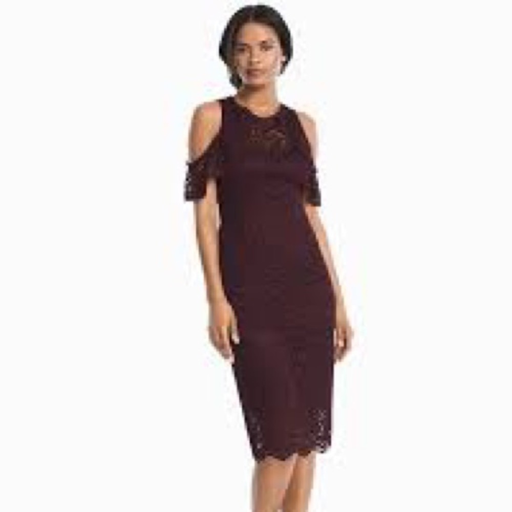 White House Black Market Burgundy New Cold Shoulder Lace Size 8 Cocktail Dress